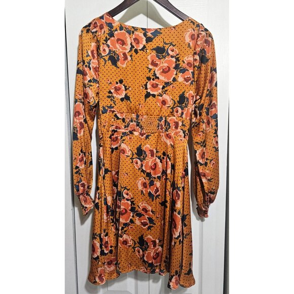 Free People Morning Light Floral Print Ruched Mini Dress Long Sleeve Gold 8 NWT - Picture 4 of 10
